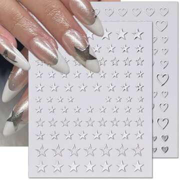 Liquid Metallic Mirror Silver Nail Stickers for Women 3D Star Nail Stickers Hollow Out Heart Nail Decals for Nail Art Supplies Self-Adhesive Nail Art Stickers Y2k Nail Accessories Stickers for Nails