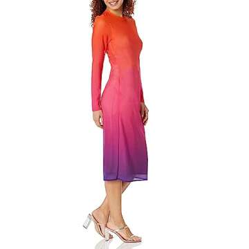 The Drop Women's Gene Mesh Long Sleeve Midi Dress with Open Back, Orange/Pink/Purple Ombre, S