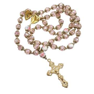 Nazareth Store Catholic Pink Crystal Beads Gold Rosary Flowers Beaded Necklace Holy Mary Heart Locke...