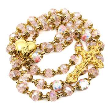 Nazareth Store Catholic Pink Crystal Beads Gold Rosary Flowers Beaded Necklace Holy Mary Heart Locket Medal & Cross Religious Amulet for Women