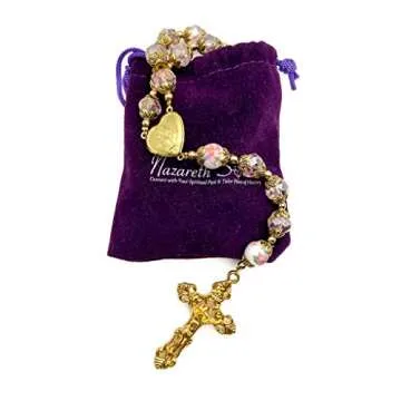 Nazareth Store Catholic Pink Crystal Beads Gold Rosary Flowers Beaded Necklace Holy Mary Heart Locket Medal & Cross Religious Amulet for Women