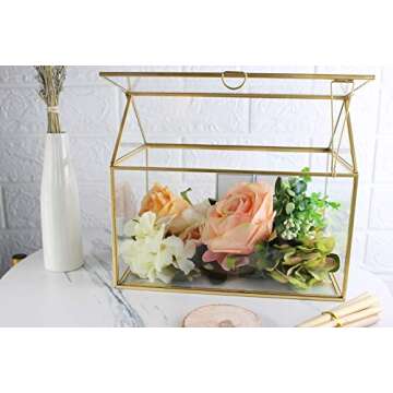 Kingted Antique Gold Decorative Glass Box Brass Frame with Lids Hinges for Dried Flowers Keepsakes C...