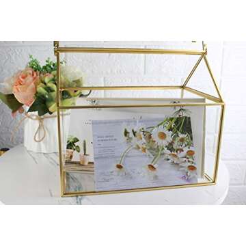 Kingted Antique Gold Decorative Glass Box Brass Frame with Lids Hinges for Dried Flowers Keepsakes Cards
