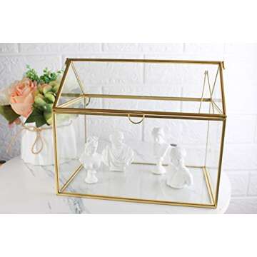 Kingted Antique Gold Decorative Glass Box Brass Frame with Lids Hinges for Dried Flowers Keepsakes Cards