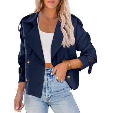 Saodimallsu Women Crop Double Breasted Trench Coat Raglan Sleeve Work Office Cropped Jacket With Poc...