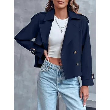 Saodimallsu Women Crop Double Breasted Trench Coat Raglan Sleeve Work Office Cropped Jacket With Pockets