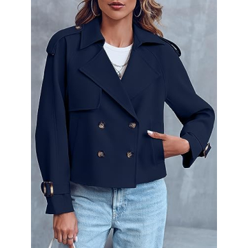 Saodimallsu Women Crop Double Breasted Trench Coat Raglan Sleeve Work Office Cropped Jacket With Pockets