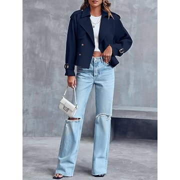 Saodimallsu Women Crop Double Breasted Trench Coat Raglan Sleeve Work Office Cropped Jacket With Pockets