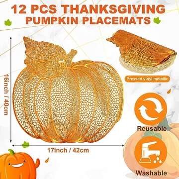 Sliner 12 Pack Fall Thanksgiving Placemats Autumn Pumpkin Place Mats, 17 x 16 Inch Pressed Vinyl Met...