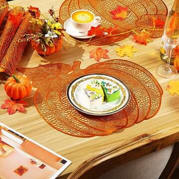Sliner 12 Pack Fall Thanksgiving Placemats Autumn Pumpkin Place Mats, 17 x 16 Inch Pressed Vinyl Metallic Thanksgiving Table Decorations for Party Kitchen Dinning(Bronze)