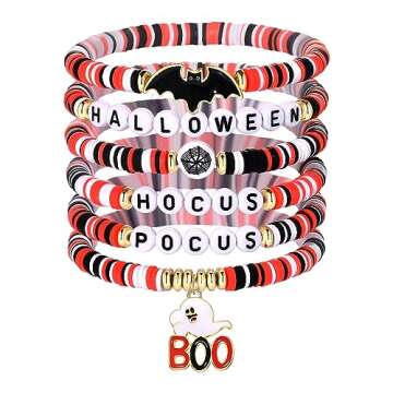 boderier Halloween Heishi Bracelet Set Stack Hocus Pocus Beaded Surfer Stretch Bracelet Halloween Co...