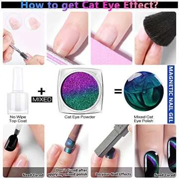 Cat Eye Chrome Nail Powder - 3PC Get Cat Eye Effect and Chameleon Mirror Effect, 9D Galaxy Gem Glitter Metallic Manicure Pigment with Bonus Black UV Gel and Magnetic Stick - Unique DIY Set