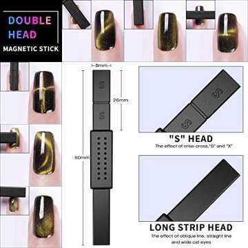 Cat Eye Chrome Nail Powder - 3PC Get Cat Eye Effect and Chameleon Mirror Effect, 9D Galaxy Gem Glitter Metallic Manicure Pigment with Bonus Black UV Gel and Magnetic Stick - Unique DIY Set