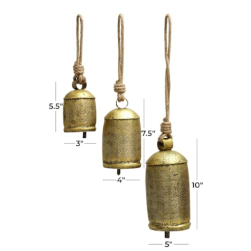 Deco 79 Metal Decorative Cow Bells Tibetan Inspired with Jute Hanging Rope, Set of 3 10",8",6"H, Bronze