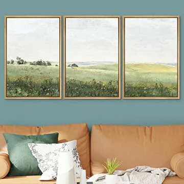 SIGNWIN Framed Canvas Print Wall Art Set Green Pasture Countryside Flower Field Nature Abstract Illu...