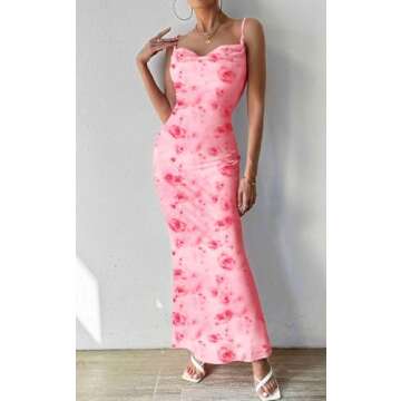 PRETTYGARDEN Women's 2025 Summer Floral Spaghetti Strap Maxi Dress Stretch Sexy Bodycon Dress Backle...