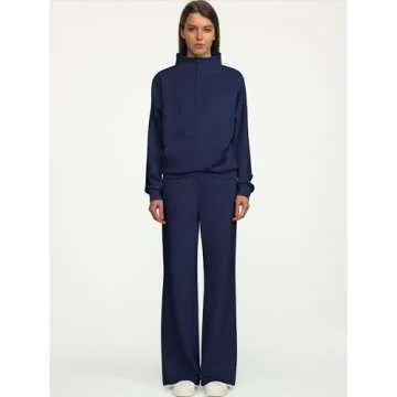 ANRABESS Women 2 Piece Outfits Sweatsuit Quarter Zip Sweatshirt Wide Leg Sweatpants Matching Lounge Set Travel Tracksuit Navy Blue Small
