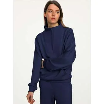 ANRABESS Women 2 Piece Outfits Sweatsuit Quarter Zip Sweatshirt Wide Leg Sweatpants Matching Lounge Set Travel Tracksuit Navy Blue Small