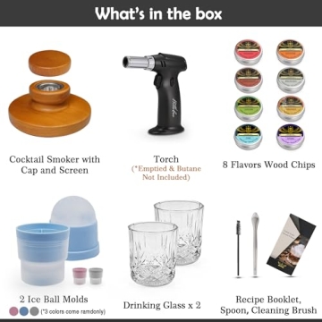 Cocktail Smoker Kit with Troch - 2 Whiskey Glasses 2 Ice Ball Molds 8 Flavor Orange Cinnamon Ginger Anise Wood Chips for Whiskey & Bourbon, Old Fashioned Smoker Set Christmas Birthday Gifts for Men