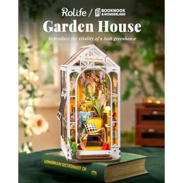 Rolife DIY Book Nook Kit Wooden 3D Puzzle Bookends 9.5" Garden House Miniature Kit with LED Bookshel...
