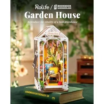 Rolife DIY Book Nook Kit Wooden 3D Puzzle Bookends 9.5" Garden House Miniature Kit with LED Bookshel...