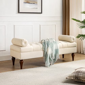 HULALA HOME Extra-Long End of Bed Bench with Bolster Pillows, Upholstered Entryway Bench Ottoman, Tu...