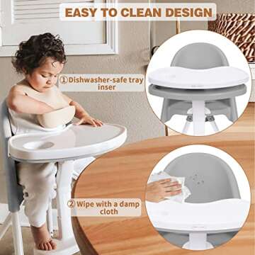 FUNNY SUPPLY 3-in-1 Cute Folding High Chair, Perfect Modern Space Saving Highchair with Detachable Double Tray, 3-Point Harness, Grey