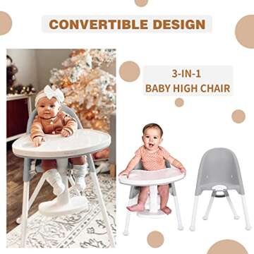 FUNNY SUPPLY 3-in-1 Cute Folding High Chair, Perfect Modern Space Saving Highchair with Detachable Double Tray, 3-Point Harness, Grey