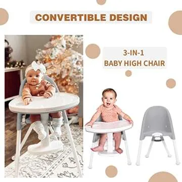 FUNNY SUPPLY 3-in-1 Cute Folding High Chair, Perfect Modern Space Saving Highchair with Detachable Double Tray, 3-Point Harness, Grey