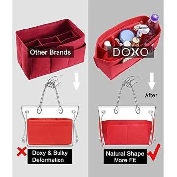 Doxo Purse Organizer Insert for Handbags & Base Shaper 2pc Set,Felt Organizer Insert Large Tote,Bag Organizer with Zipper 7 Sizes,Fit Speedy Neverfull MM/City33 and More(Red-L-Combination)