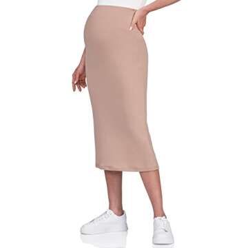 POSHDIVAH Women's Maternity Skirt Over The Belly Midi High Waisted Solid Stretchy Pregnancy Pencil Skirt Khaki Medium