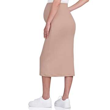 POSHDIVAH Women's Maternity Skirt Over The Belly Midi High Waisted Solid Stretchy Pregnancy Pencil Skirt Khaki Medium