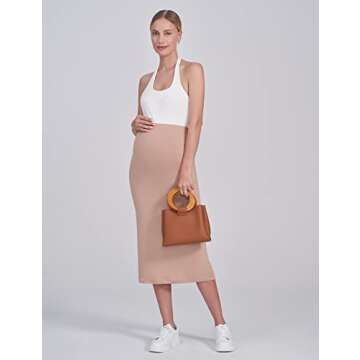 POSHDIVAH Women's Maternity Skirt Over The Belly Midi High Waisted Solid Stretchy Pregnancy Pencil Skirt Khaki Medium