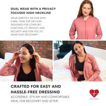 Inspired Comforts Mastectomy Recovery Hoodie Sweatshirt with Drain Pockets | Post Breast Cancer Recovery | Full Sleeve | 2XL, Pink