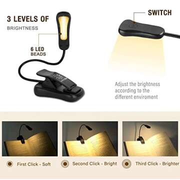 Vekkia Rechargeable 3000K LED Book Light, Easy Clip on Reading Lights for Reading in Bed. Perfect for Readers.
