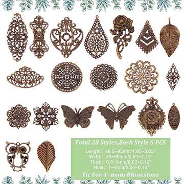 PH PandaHall 120pcs Filigree Metal Embellishments 19 Style Filigree Connectors Charms Antique Bronze Flower Animal Pendants for Steampunk Mixed Media Art Hairpin Headwear Necklace Jewelry Making