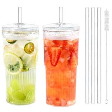 Stylish Borosilicate Glass Cups with Lids and Straws