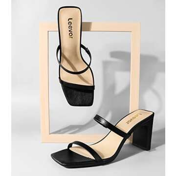 Leevar Square Toe Heels Sandals - Stylish Black Heeled Slides for All Occasions