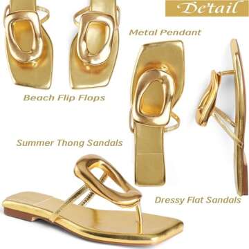 Atsroel Metal Pendant Thong Sandals For Women Square Toe Flat Sandals Fashion Flip Flops Summer Beac...