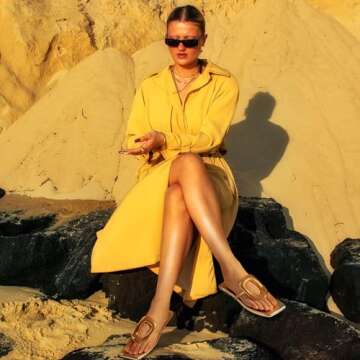 Atsroel Metal Pendant Thong Sandals For Women Square Toe Flat Sandals Fashion Flip Flops Summer Beach Slippers Casual Dressy Slide Sandals