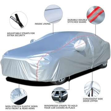 Tecoom Car Cover Waterproof All Weather Fit For Tesla Model 3 Toyota Corolla 2000-2023 Honda Civic 1991-2023, Kia Stinger/Forte, Subaru Legacy, Audi A3/A4/A5 etc, Car Cover Sedan With Lock/Door Zipper