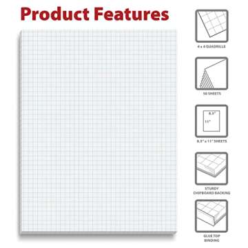 Better Office Products Graph Paper Pad, 8.5" x 11", 50 Sheets, Double Sided, White, 4x4 Blue Quad Rule, Easy Tear, Grid Paper, Graph Paper