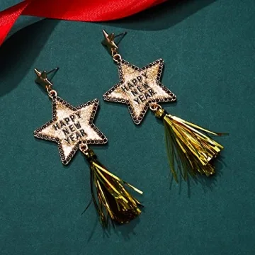 New Years Eve Earrings for Women Glitter Rhinestone Happy New Year Star Earrings Long Fringe Tassel Drop Earrings Festive Holiday Jewelry Gifts Gold