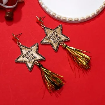 New Years Eve Earrings for Women Glitter Rhinestone Happy New Year Star Earrings Long Fringe Tassel Drop Earrings Festive Holiday Jewelry Gifts Gold