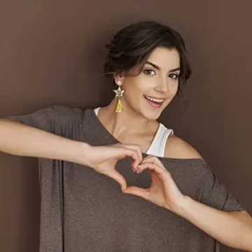 New Years Eve Earrings for Women Glitter Rhinestone Happy New Year Star Earrings Long Fringe Tassel Drop Earrings Festive Holiday Jewelry Gifts Gold