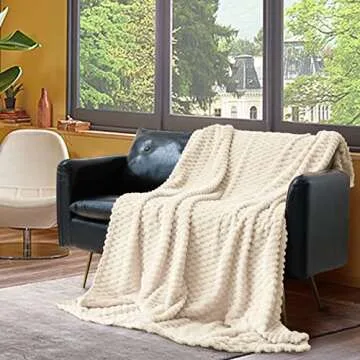 Vessia Flannel Fleece Throw Blanket, 3D Jacquard Cream Fuzzy and Warm Blanket for Couch,Sofa,Bed,Chair, 300GSM Super Soft Touch Cozy Throw for All-Season Home Decor(50x40inch)