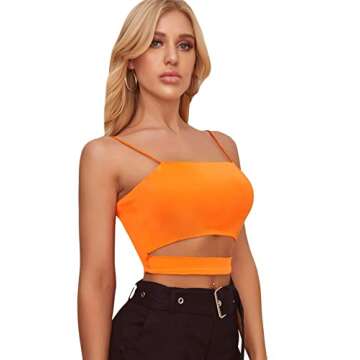 Floerns Women's Spaghetti Strap Sleeveless Cut Out Rave Tube Crop Cami Neon Top Orange S