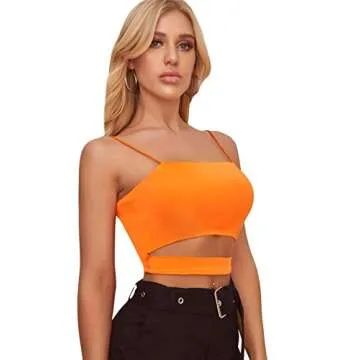 Floerns Women's Spaghetti Strap Sleeveless Cut Out Rave Tube Crop Cami Neon Top Orange S