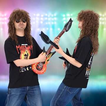 morvally Men’s Women 80s Rockstar Style Long Brown Curly Punk Rock Hair Wig Glam Rock-Rocker Wig P...