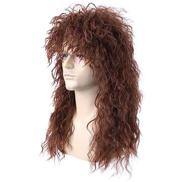 morvally Men’s Women 80s Rockstar Style Long Brown Curly Punk Rock Hair Wig Glam Rock-Rocker Wig Perfect for Halloween, Cosplay, DIY Themed Costume Party